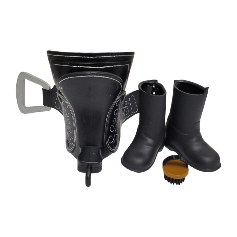 Battat Doll Toy Horse Riding Saddle With Stirrups- Blk Slv, Blk Boots, & Brush